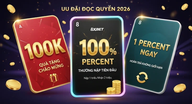Khuyến mãi 8XBET 2026: nhận 100K miễn phí và thưởng 100% nạp tiền đầu tiên